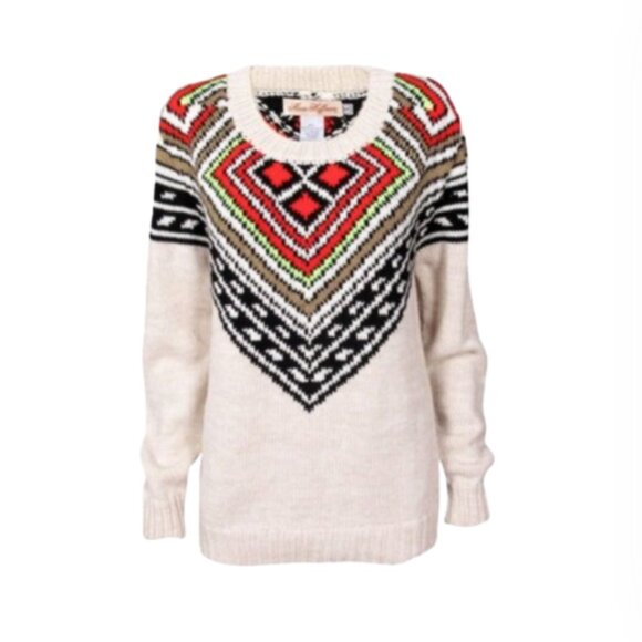 Mara Hoffman Intarsia Sweater Womens Medium Cream Black Crew Neck Long Sleeve